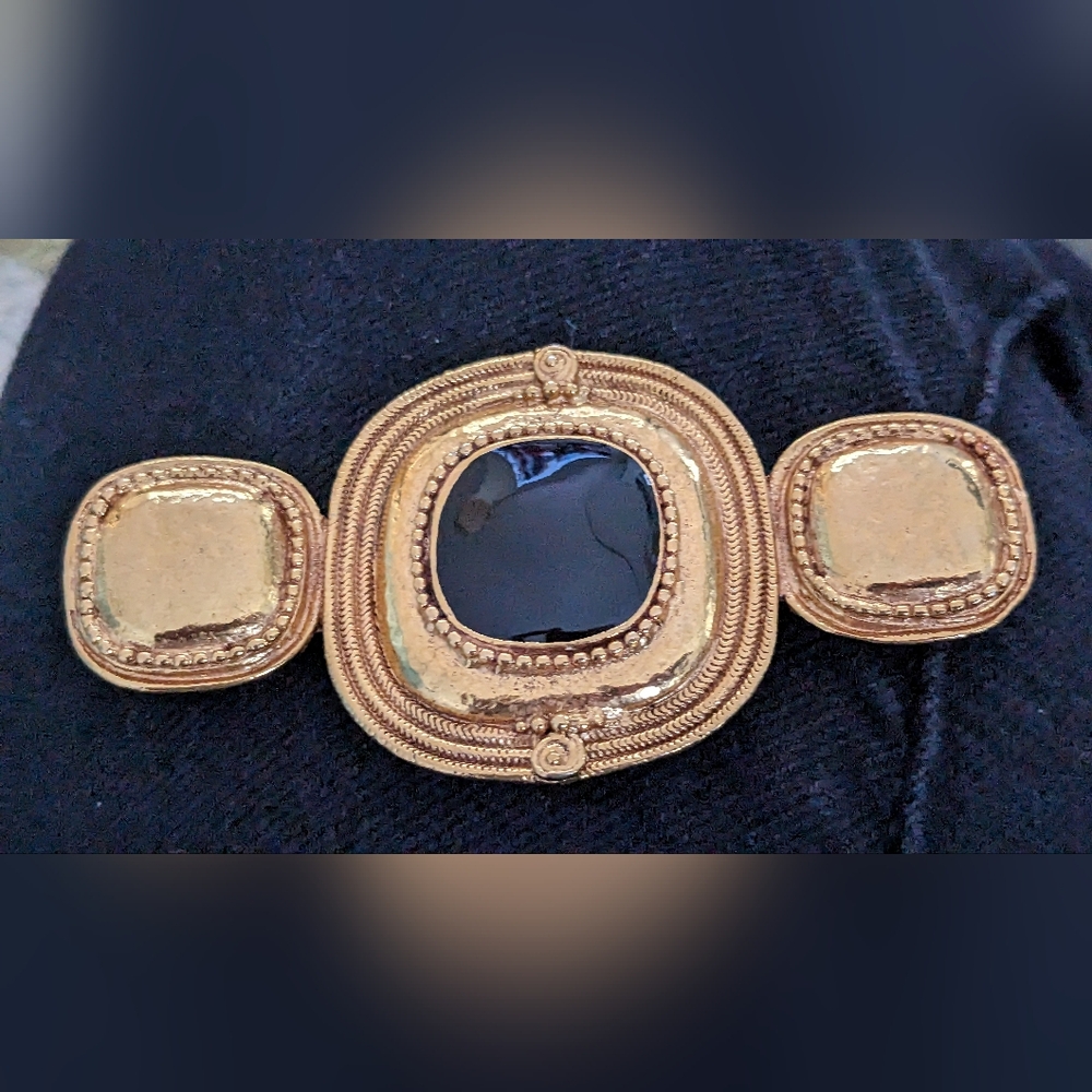 Byzantine Brushed Gold Black Enamel Geometric Brooch Vintage GP